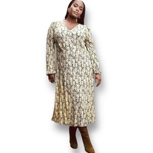 Mango Cream Black Floral Textured Midi Dress Long Sleeve‎ Spring Wedding Guest